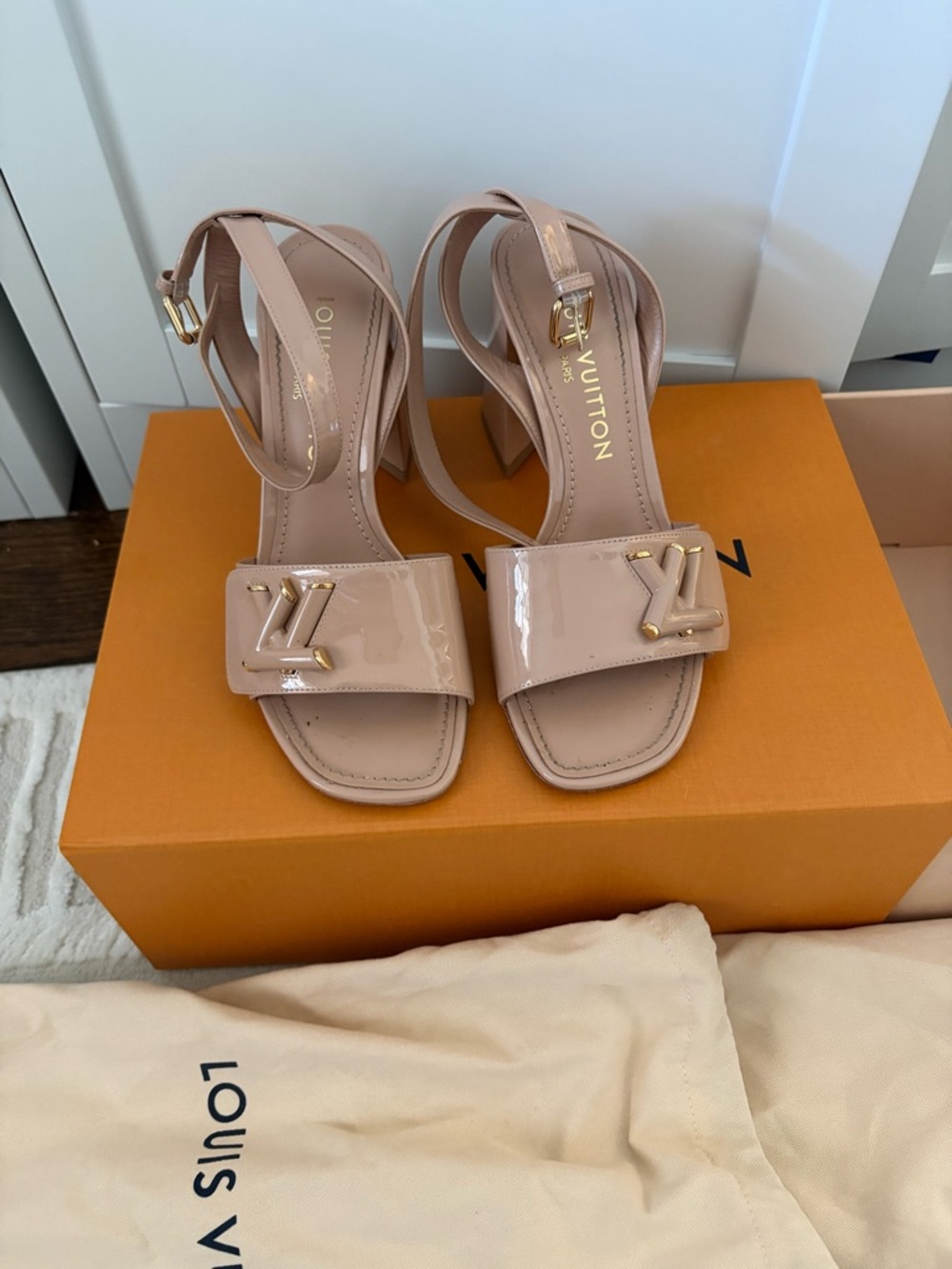 Louis Vuitton Blush Patent Leather Block Heel Sandals